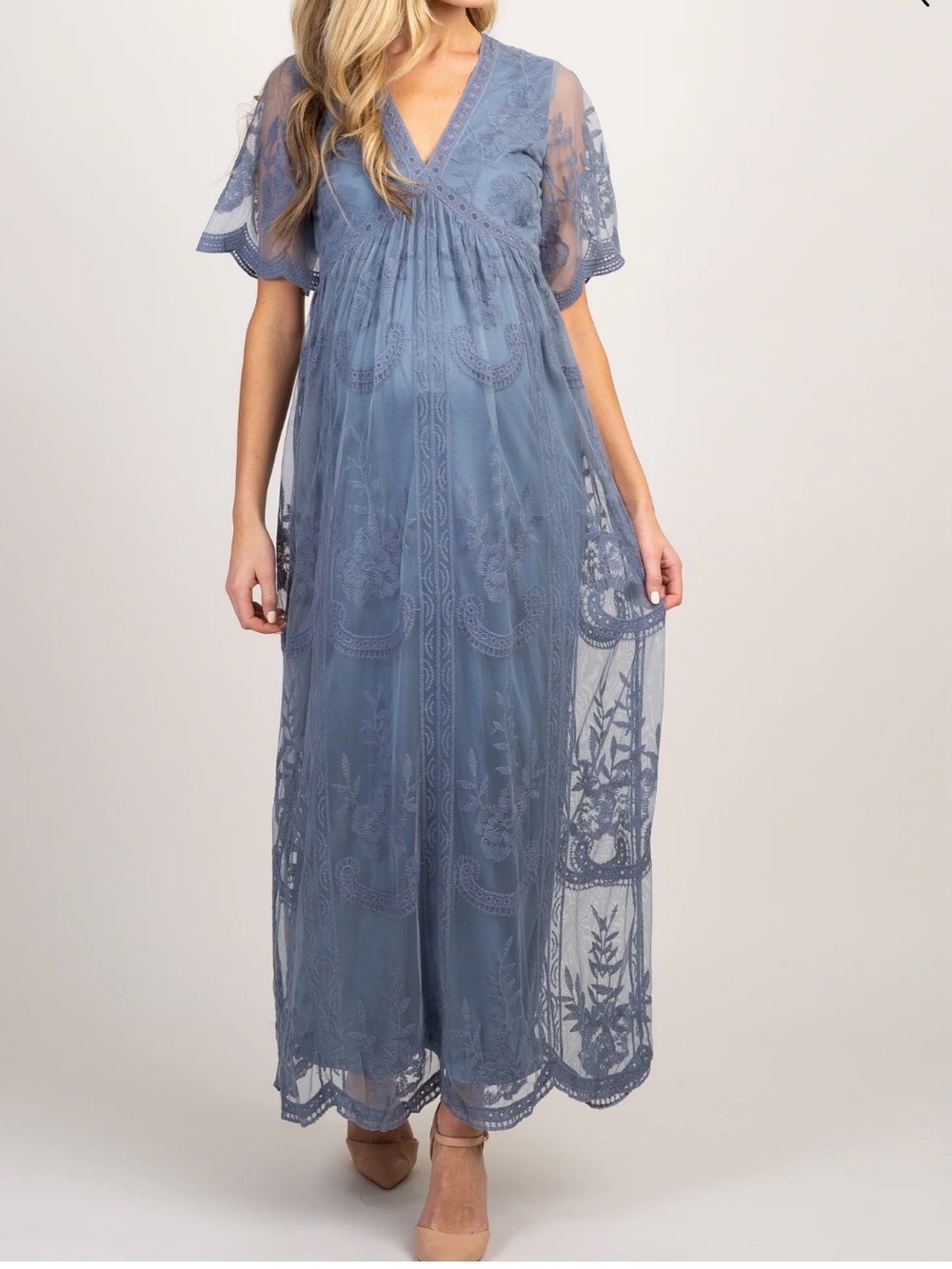 Light Blue Maxi Maternity Dress with Lace Trim